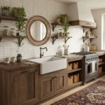 Bright kitchen with white tile wall, wooden cabinets, and open shelves filled with plants and jars.