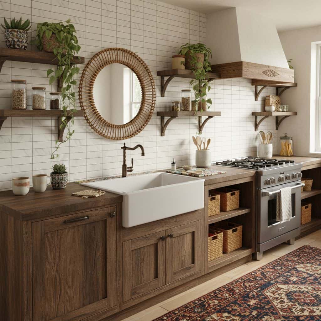 Bright kitchen with white tile wall, wooden cabinets, and open shelves filled with plants and jars.