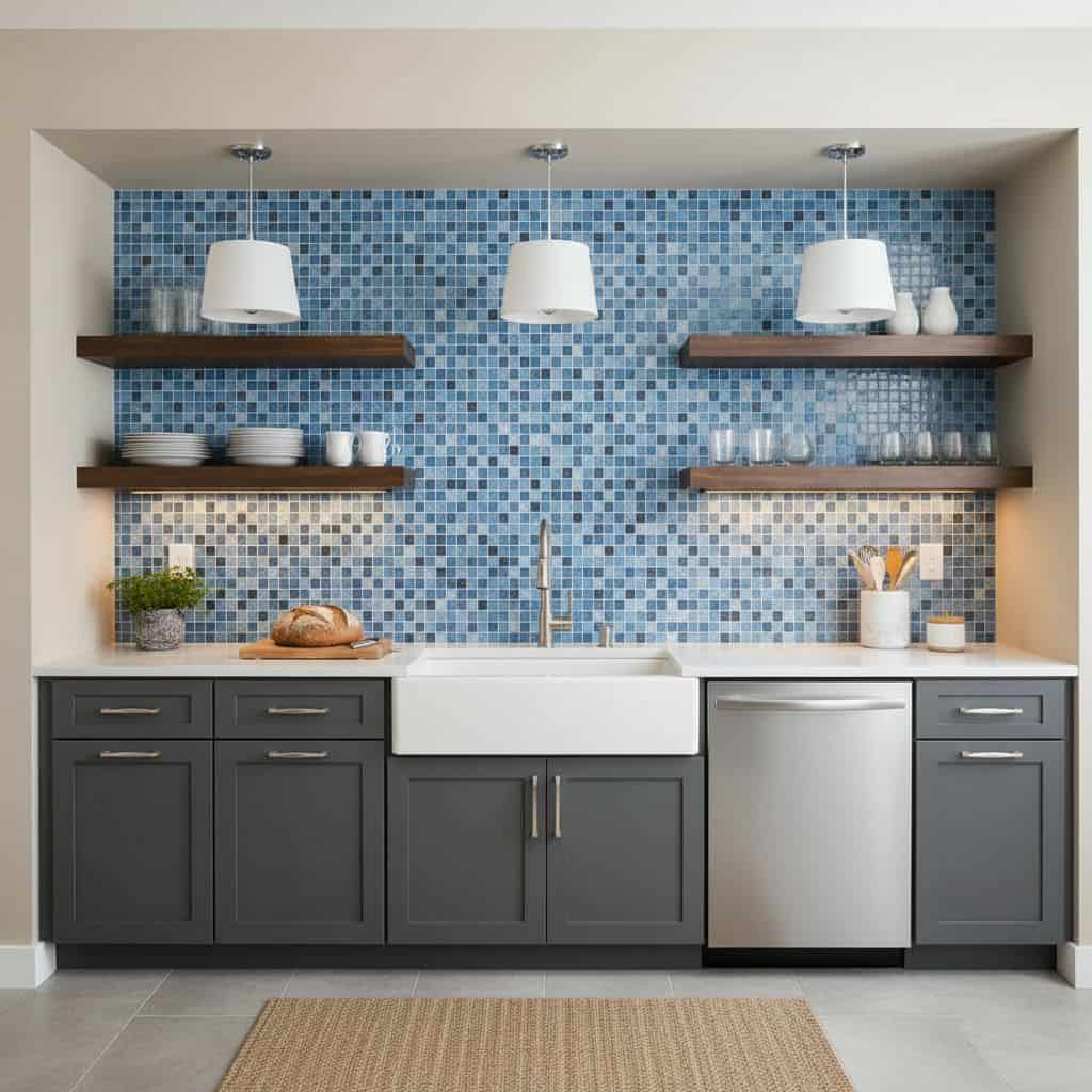 Blue glass tile backsplash with mosaic pattern in contemporary kitchen setting.