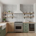 Bright white textured ceramic tiles with subtle vertical lines, paired with natural wood and soft green cabinetry for a fresh.