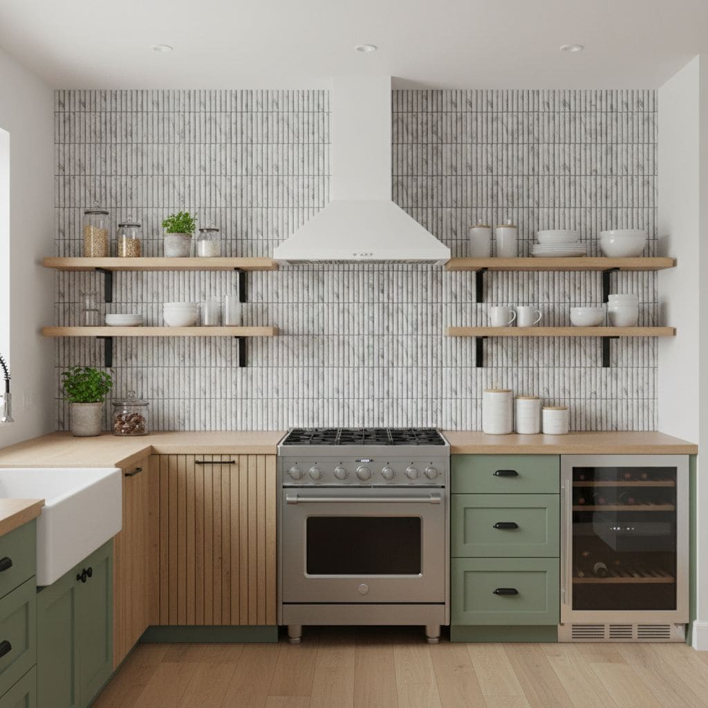 Bright white textured ceramic tiles with subtle vertical lines, paired with natural wood and soft green cabinetry for a fresh.