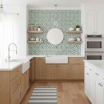 Peel and stick wall tile backsplash in a modern kitchen with wooden cabinets and geometric patterned wall. Easy DIY renovatio.