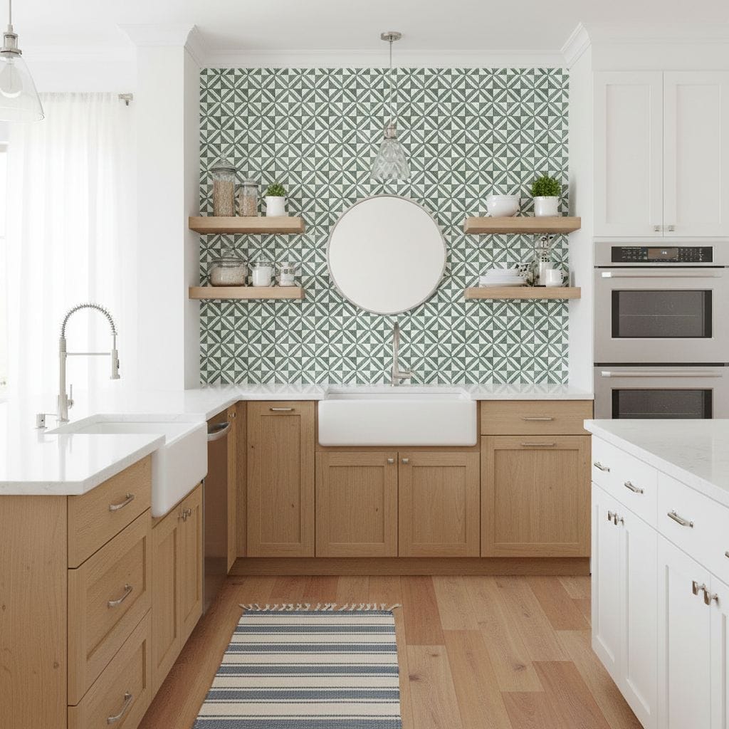 Peel and stick wall tile backsplash in a modern kitchen with wooden cabinets and geometric patterned wall. Easy DIY renovatio.