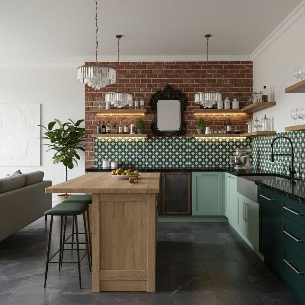 Green tile backsplash with textured surface and glossy finish.