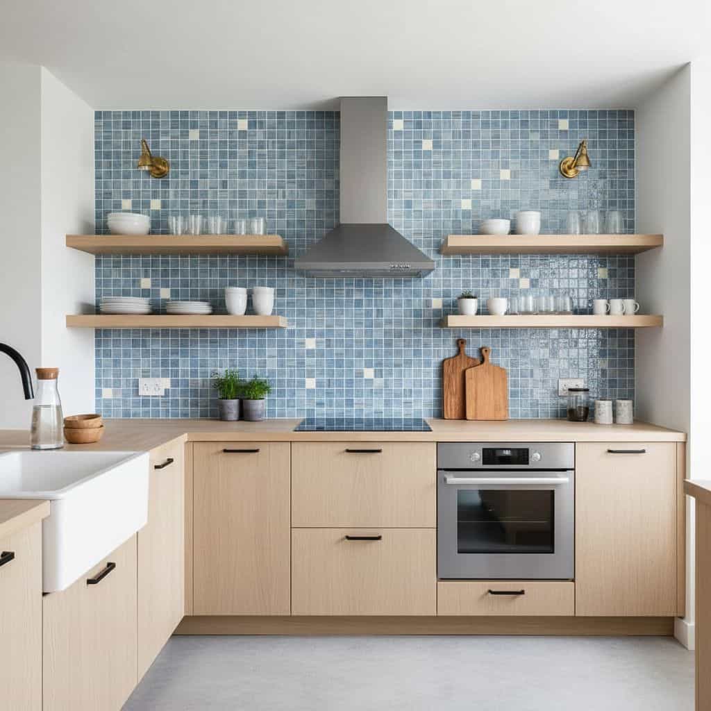 Blue glass tile backsplash in a contemporary kitchen with open shelving and sleek design.