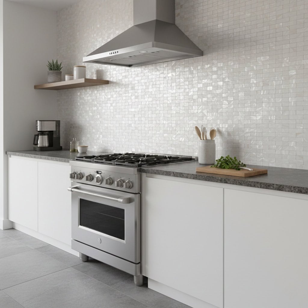 Mother of pearl shell tile used as a kitchen backsplash, adding a luxurious and reflective surface.
