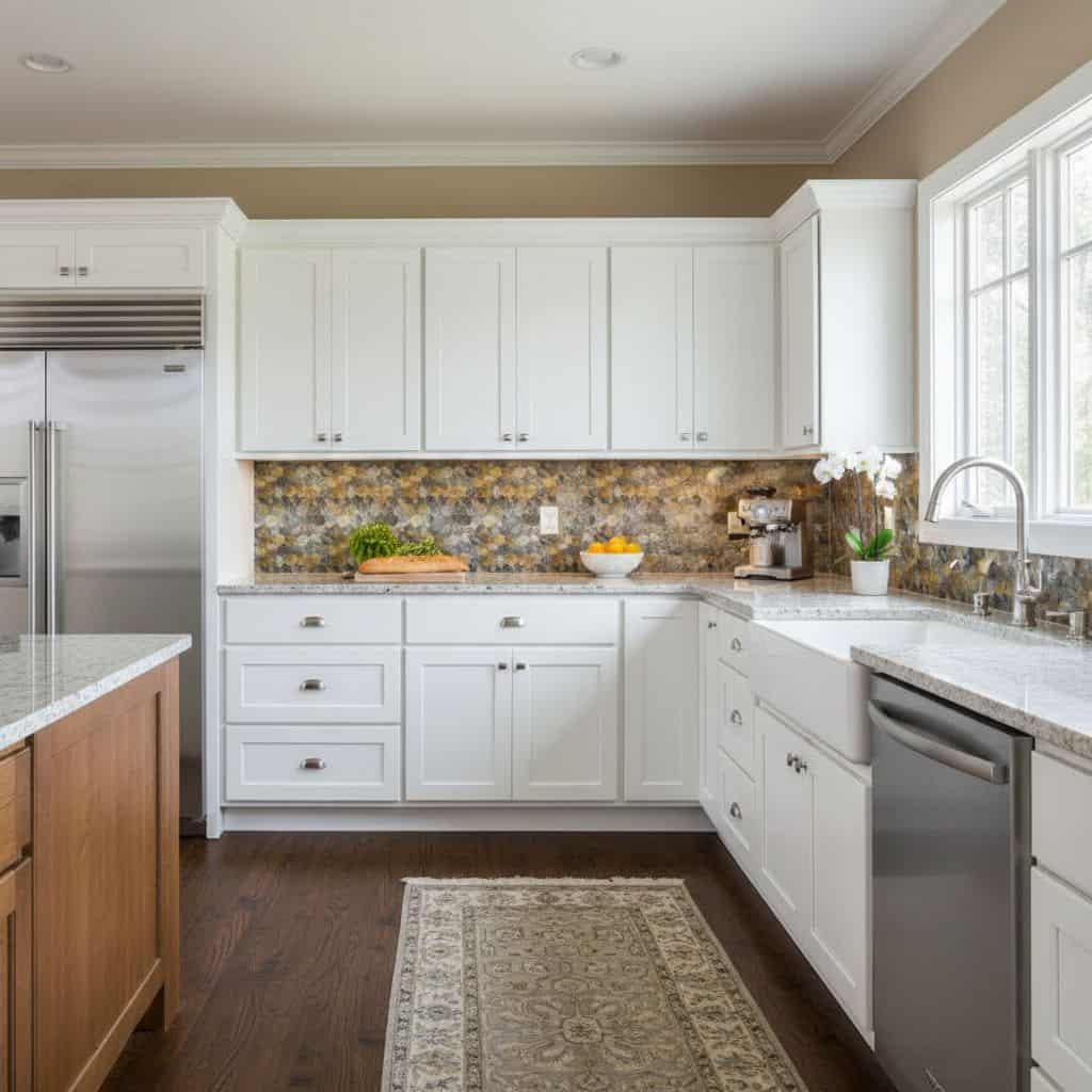Kitchen with peel and stick wall tile, showcasing easy-to-install backsplash options.