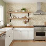 Bright kitchen with glass mosaic tile backsplash and open wooden shelves.