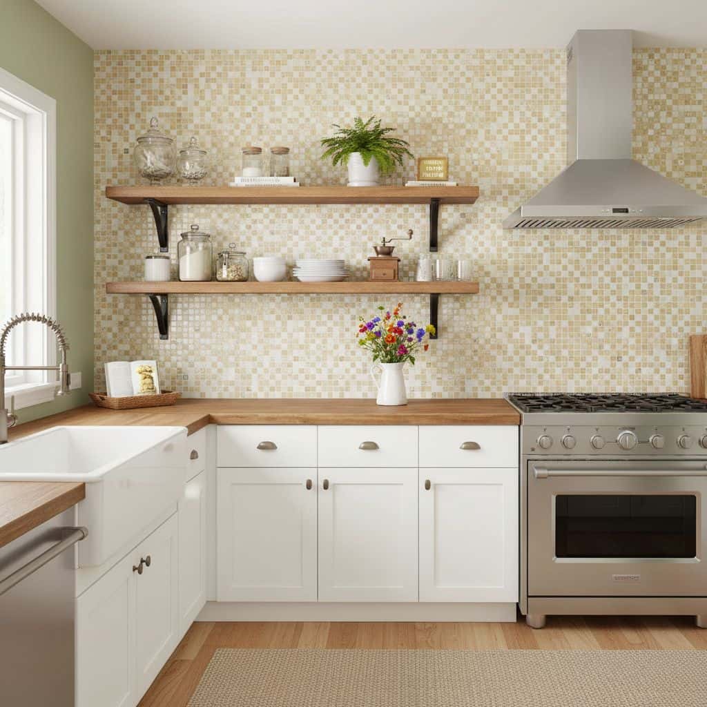 Bright kitchen with glass mosaic tile backsplash and open wooden shelves.