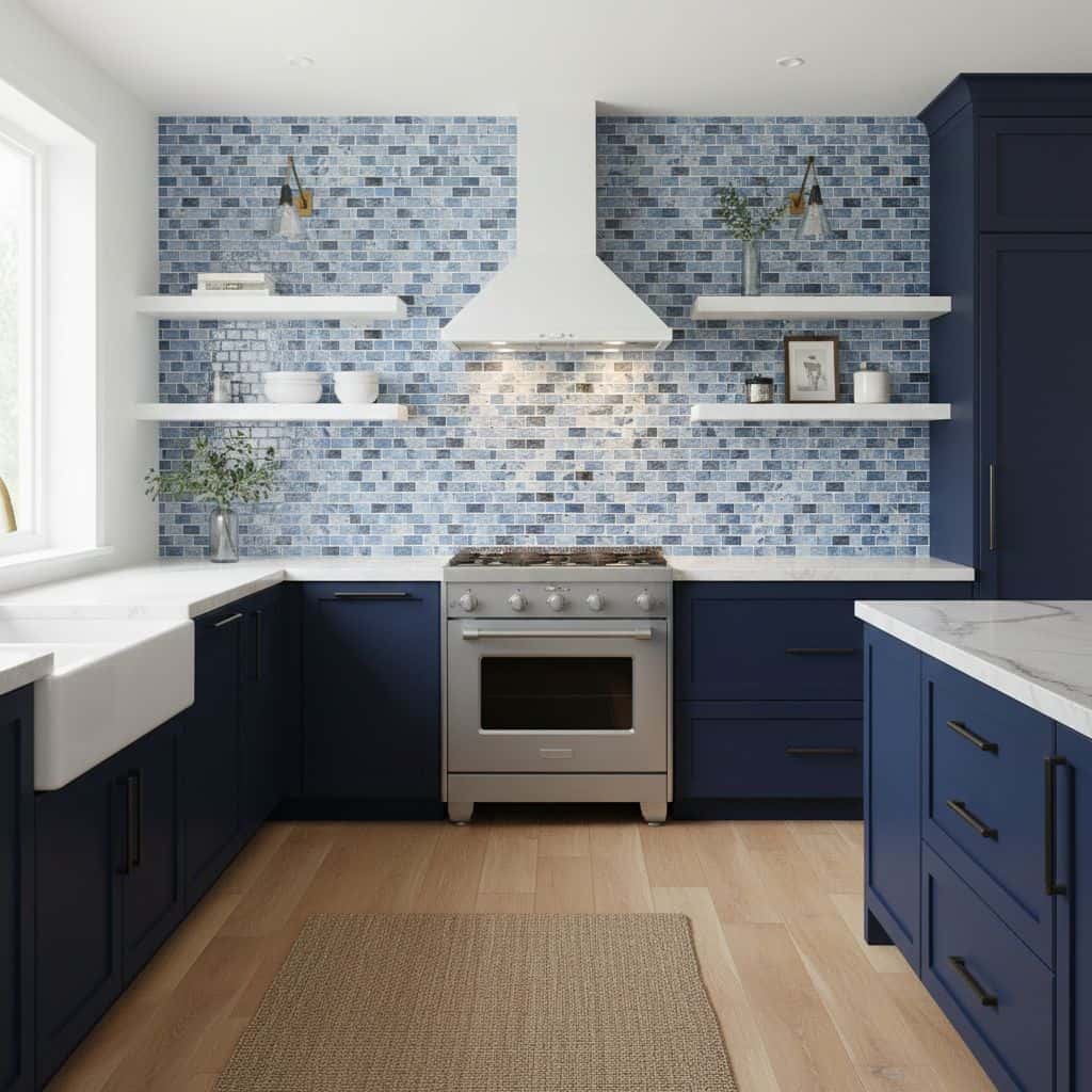 Blue glass tile backsplash in a contemporary kitchen with navy cabinetry and open shelving.