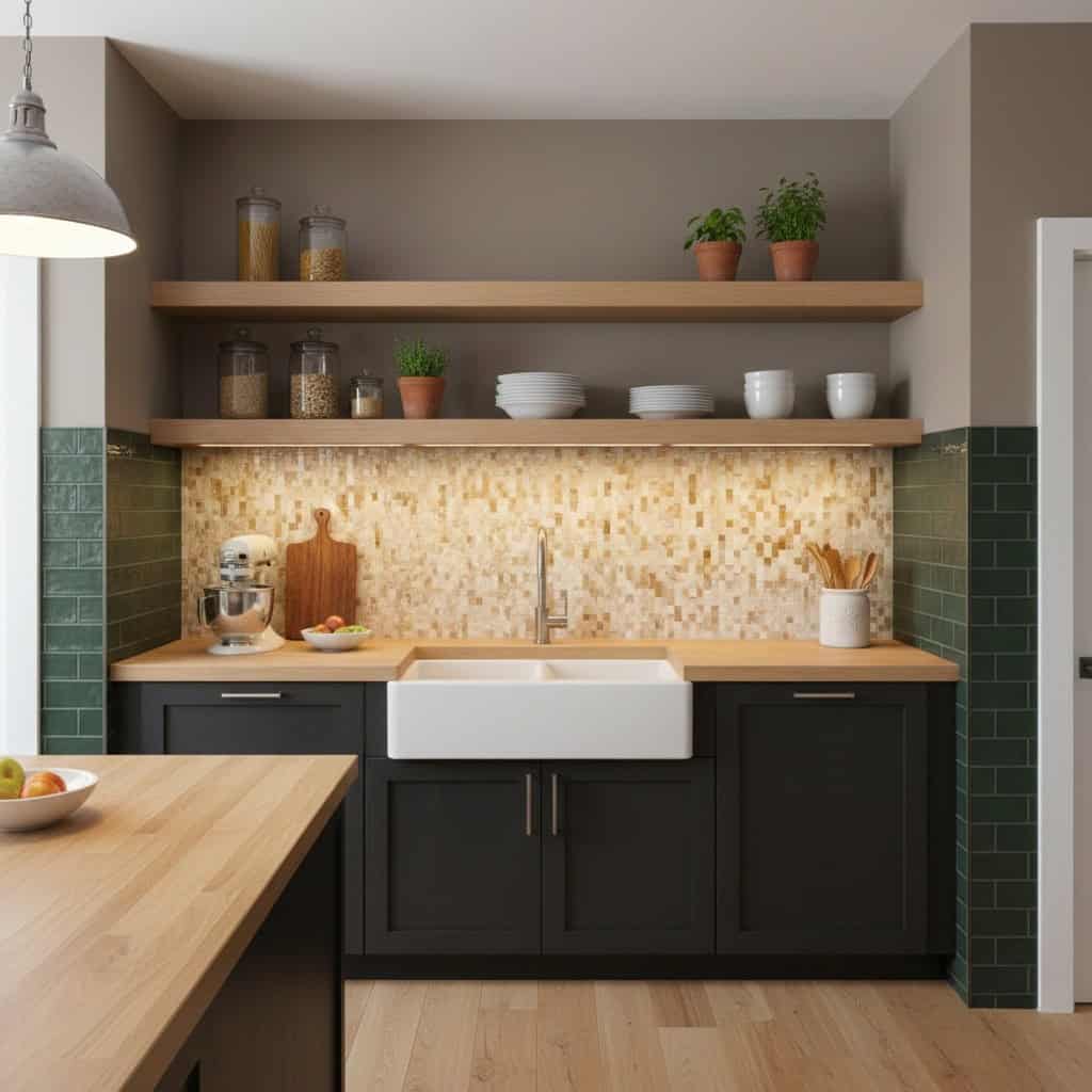 Bright kitchen featuring pearl shell tile backsplash, black cabinetry, and minimalist decor.