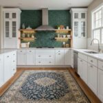 Bright white kitchen with green peel and stick wall tile backsplash and open wooden shelves.