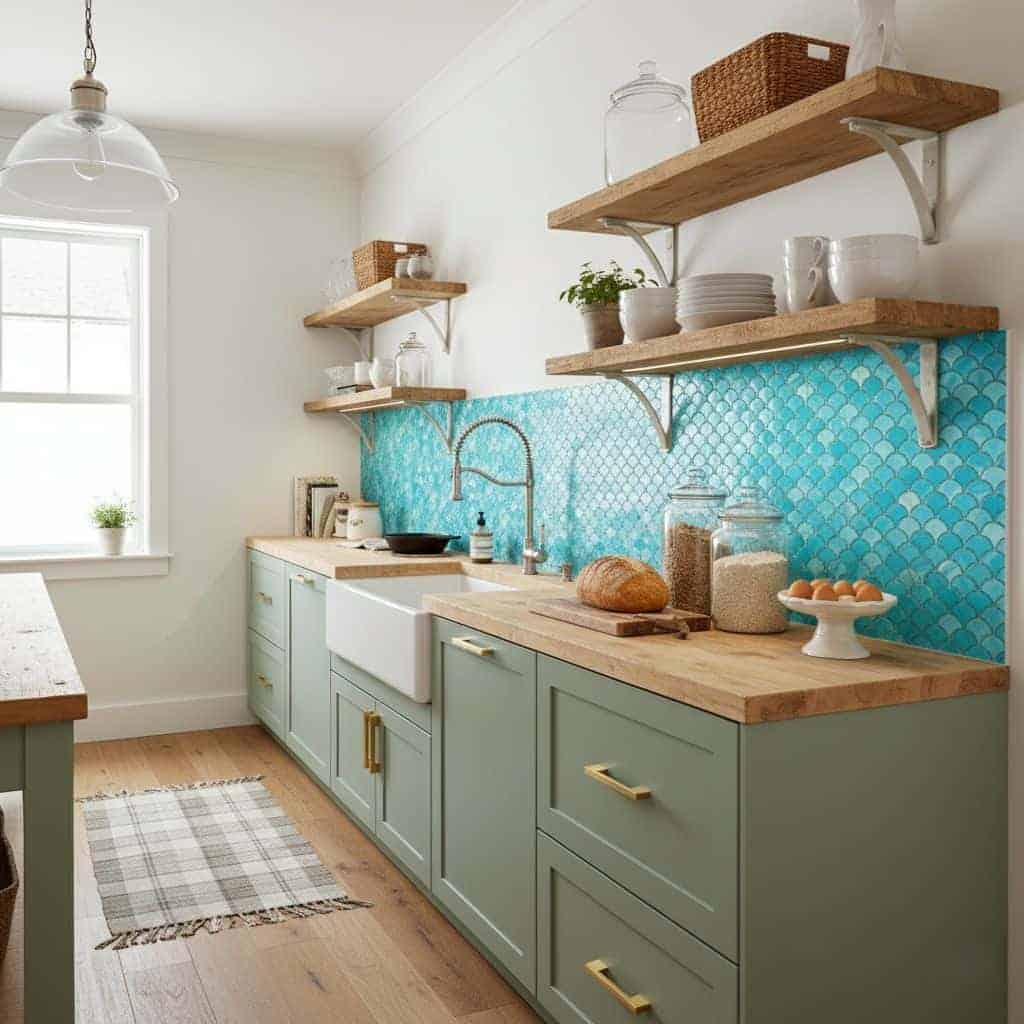 Shell tile backsplash in a kitchen with open wooden shelves and light green cabinets.