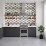 Modern kitchen with peel and stick tile backsplash, black cabinets, and open wooden shelves. Bright, minimalist design with a.