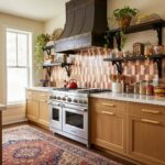 Image of peel and stick tile backsplash behind stove in a cozy kitchen.