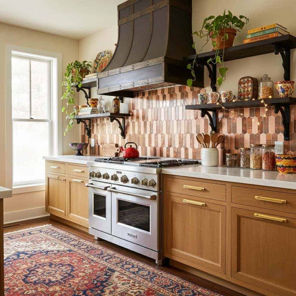 Image of peel and stick tile backsplash behind stove in a cozy kitchen.