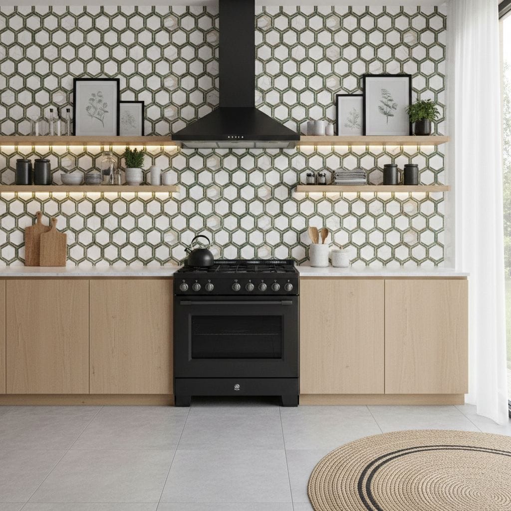 Modern kitchen with peel and stick tile backsplash, black stove, and open wooden shelves.
