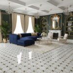Elegant living room featuring green walls, gold accents, and a marble fireplace. The space includes a navy sofa, white armcha.