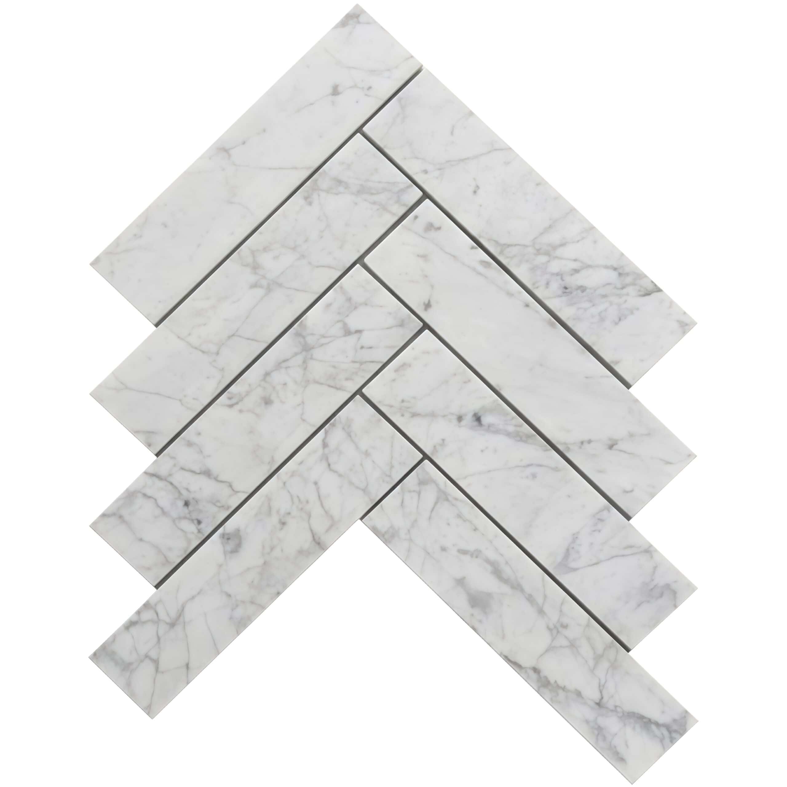 White marble herringbone tile with subtle gray veining, smooth texture, and polished finish. Perfect for sophisticated floori.