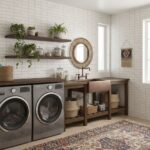 Bright laundry room featuring white subway tiles, wooden countertop, and decorative plants for a cozy, natural look.