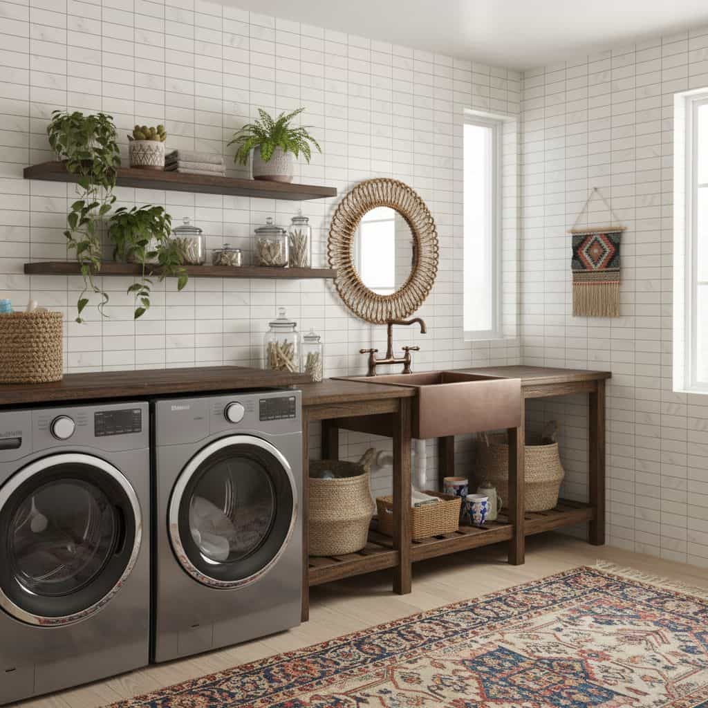 Bright laundry room featuring white subway tiles, wooden countertop, and decorative plants for a cozy, natural look.