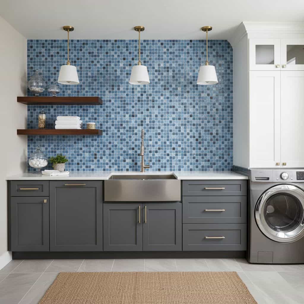Bright blue glass mosaic tile wall behind sink and open shelves.
