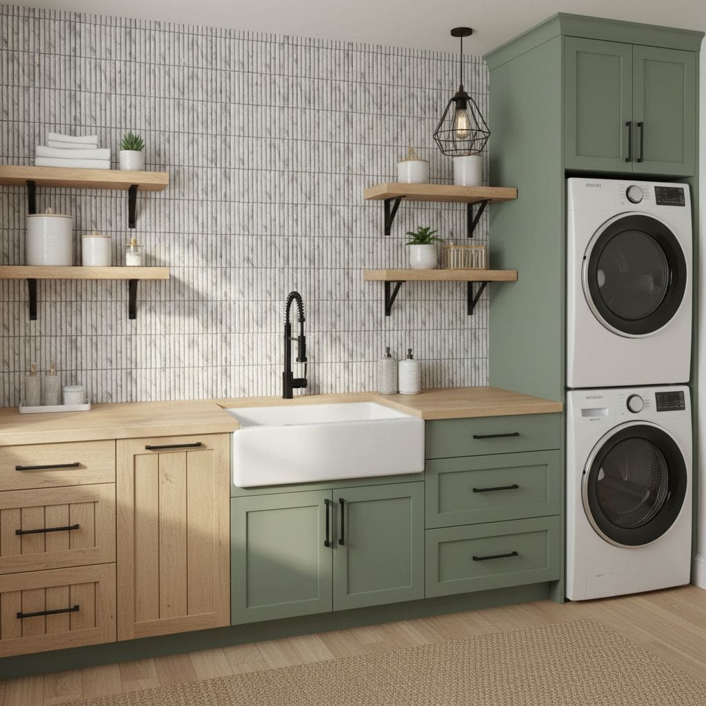 Green and beige kitchen with textured tile backsplash, open wooden shelves, and a white farmhouse sink.