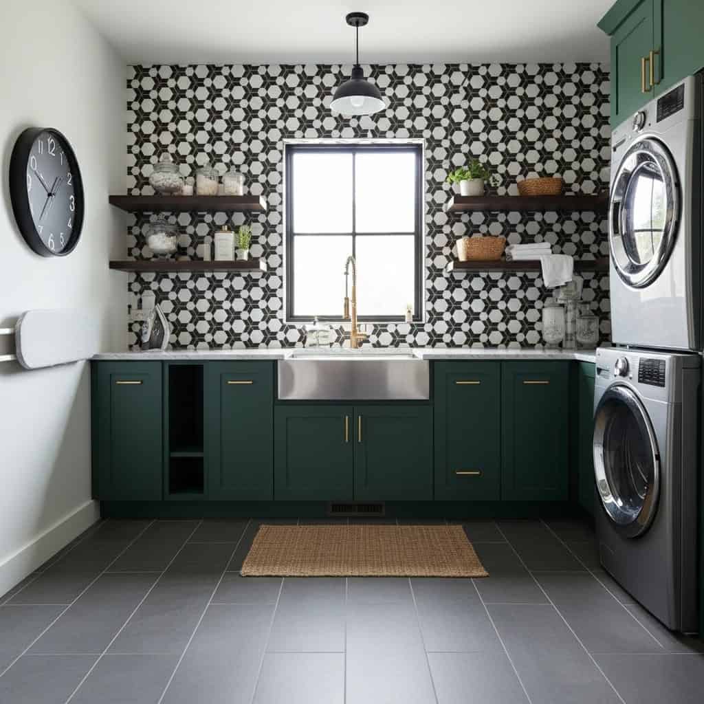 Bright kitchen featuring a geometric black and white tile backsplash, green cabinetry, and stainless steel appliances.