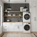 Black textured ceramic tile with a matte finish, used as a backsplash in the laundry room.