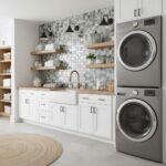 A modern laundry room featuring a glass tile backsplash, white cabinetry, open wooden shelves, and stacked washer and dryer u.