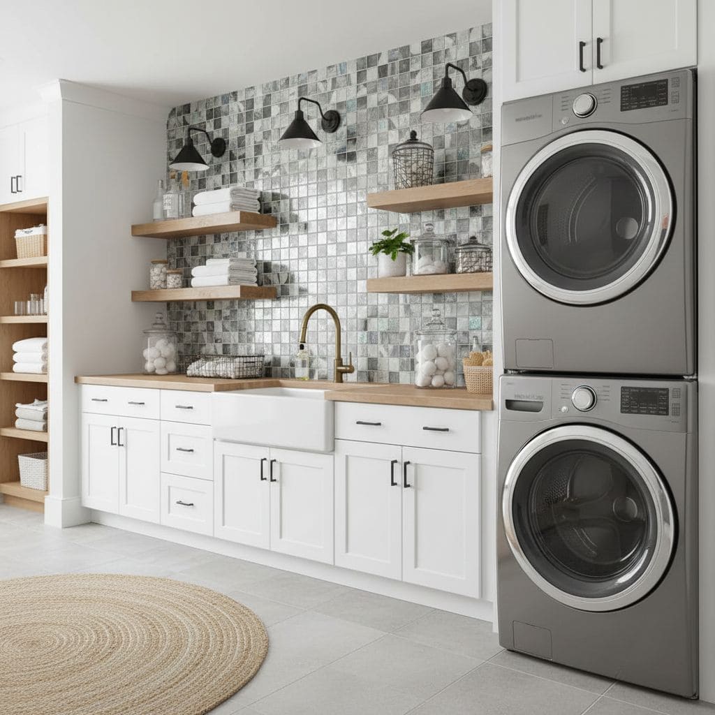A modern laundry room featuring a glass tile backsplash, white cabinetry, open wooden shelves, and stacked washer and dryer u.