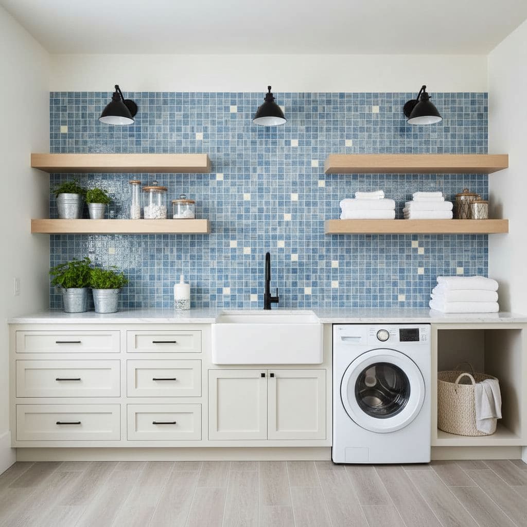 Bright blue glass tile backsplash behind the sink and shelves in a modern laundry room setting.