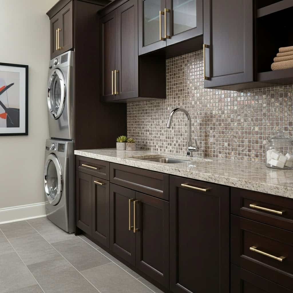 Mother of pearl shell tile used as backsplash in modern kitchen.