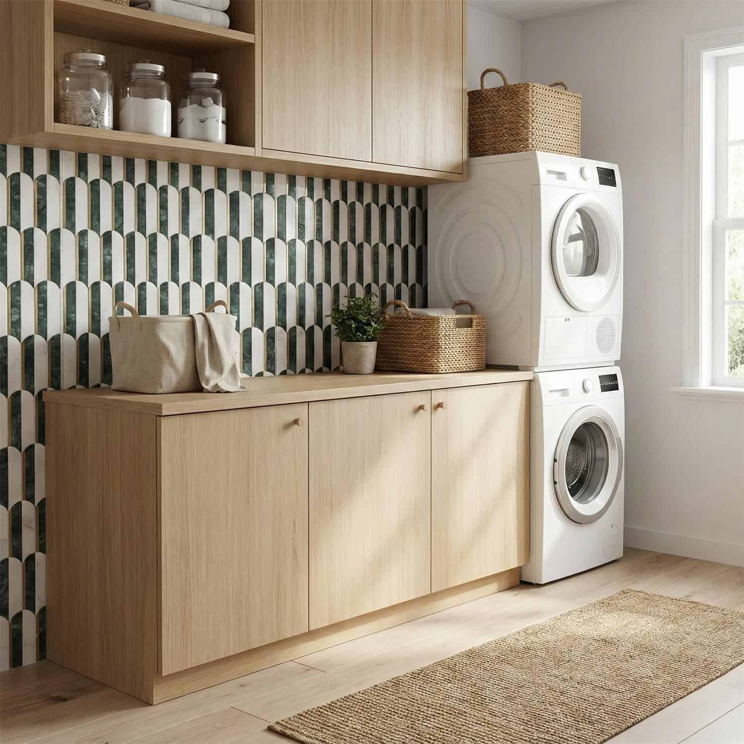 Modern laundry room with wood cabinets and patterned tile wall behind appliances.