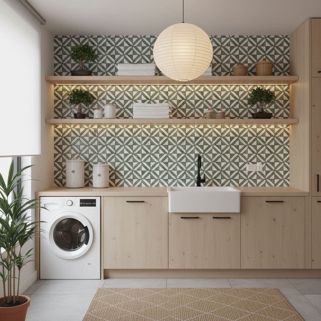 Image of a modern kitchen with peel and stick wall tiles behind the sink. The space features open shelves, a white farmhouse.