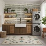 Laundry room with peel and stick tile backsplash and shelves.