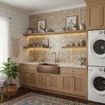 A modern kitchen featuring peel and stick tile backsplash with warm beige cabinetry and open shelving, creating a cozy and st.