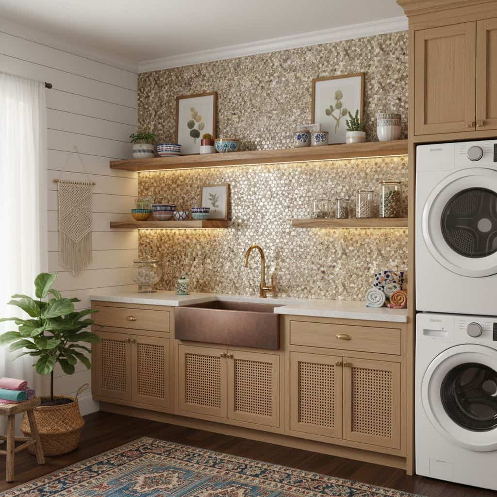 A modern kitchen featuring peel and stick tile backsplash with warm beige cabinetry and open shelving, creating a cozy and st.