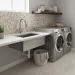 Laundry room with pearl shell tile backsplash and modern appliances.