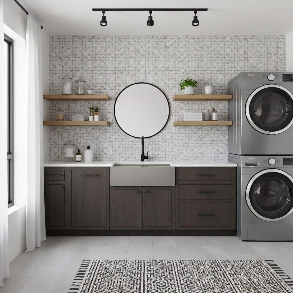 Laundry room with peel and stick wall tiles, washer and dryer, and modern cabinetry. Easy DIY backsplash update for a stylish.