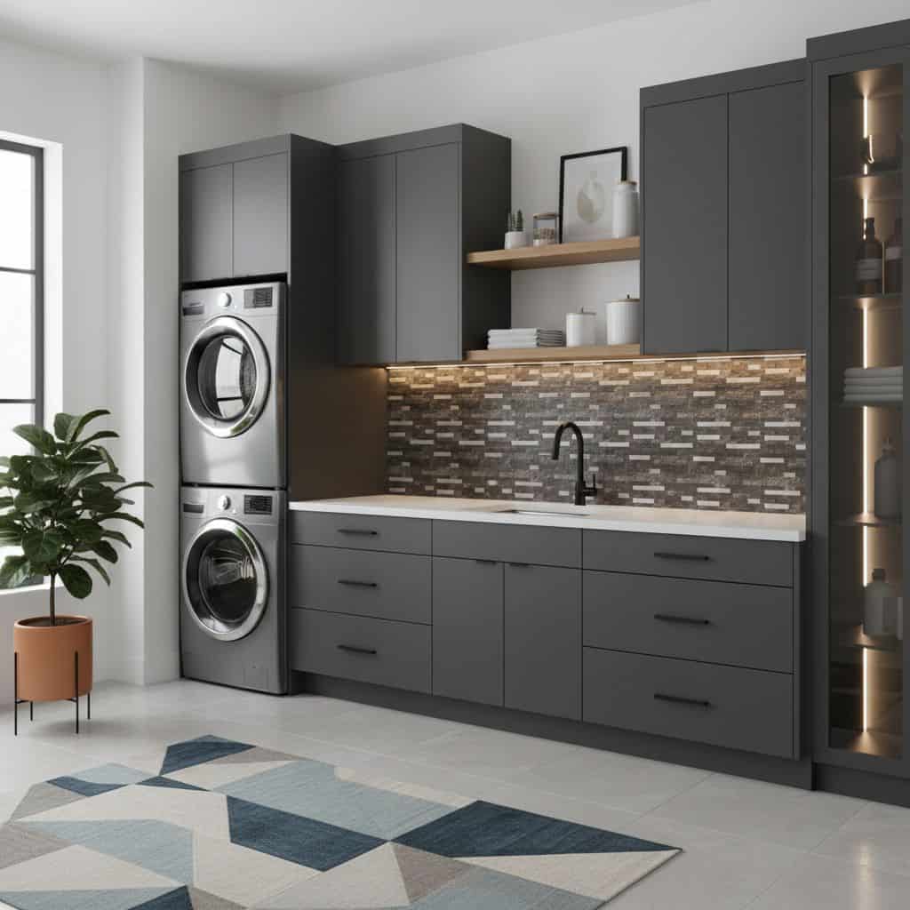 Modern kitchen with peel and stick wall tile backsplash and dark cabinetry.