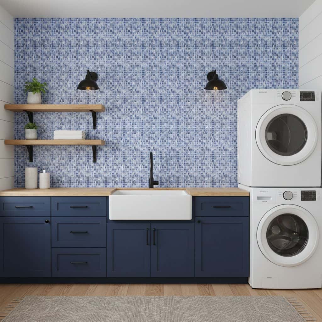 A modern laundry room featuring a blue glass tile backsplash, white farmhouse sink, and stacked washer and dryer for a sleek,.