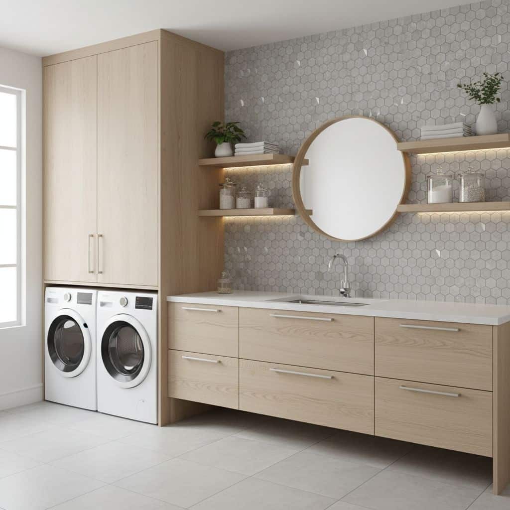 Modern bathroom with peel and stick tile backsplash, round mirror, and wooden cabinetry.