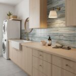 Bright laundry room featuring a glass tile backsplash, white cabinetry, and modern fixtures. Perfect for stylish and function.