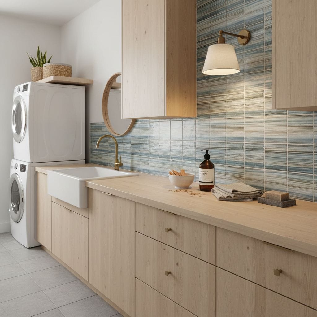 Bright laundry room featuring a glass tile backsplash, white cabinetry, and modern fixtures. Perfect for stylish and function.