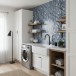 Modern laundry room with blue glass mosaic tile backsplash, white cabinetry, and open wooden shelves.
