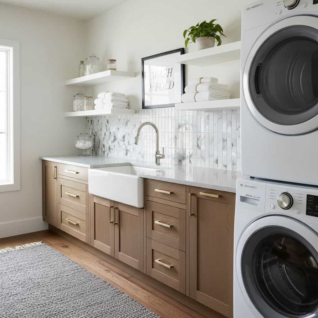A laundry area showcasing glass mosaic tile backsplash, wooden cabinetry, and a farmhouse sink in a bright, modern space.