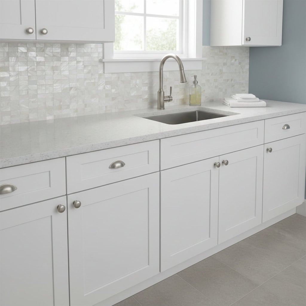 Bright white kitchen featuring a shell tile backsplash, sleek countertop, and contemporary fixtures for a clean, stylish look.