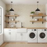 Bright laundry room with glass tile backsplash behind sink and shelves.