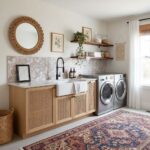 Modern laundry room with peel and stick tile backsplash, washer, dryer, and stylish decor.